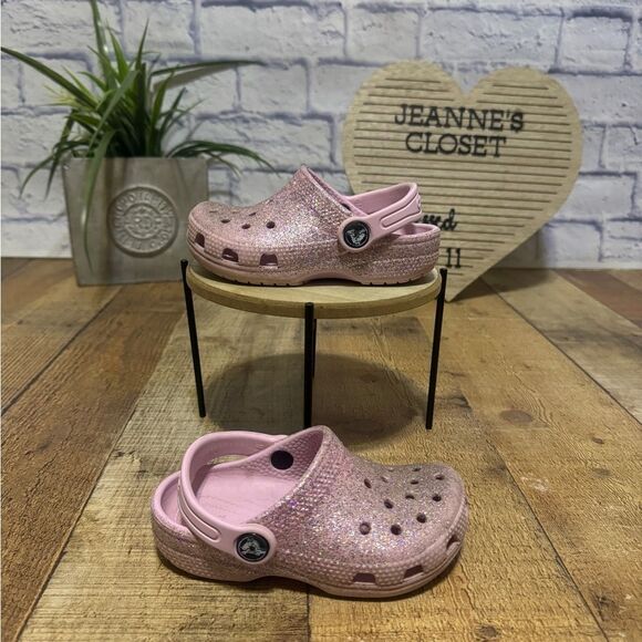 Crocs Shoes Girls C8 Classic Glitter Clogs Sparkly Pink Slip On - Picture 1 of 7